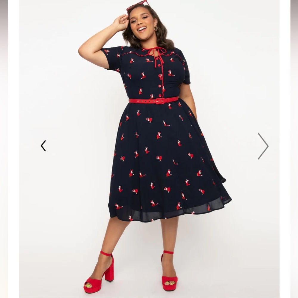 Unique Vintage Navy & Fox Print Estelle Swing Dress
